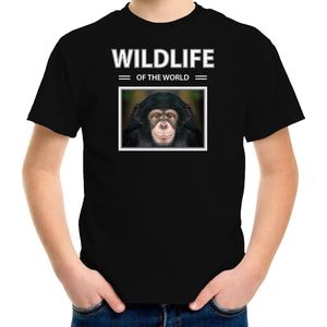 Dieren foto t-shirt Chimpansee aap - zwart - kinderen - wildlife of the world - cadeau shirt Chimpansee apen liefhebber - kinderkleding / kleding 146/152