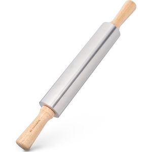 Navaris deegroller antikleef roestvrij staal - Roller voor koekjes, bladerdeeg, pizza, taart, vlaai of fondant - Houten handvatten - Zilverkleurig