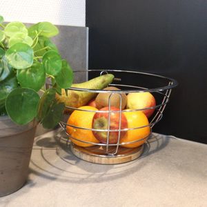 Orange85 Fruitschaal - Fruitmand - 26x26x16 cm - Metaal met Bamboe - Zilverkleurig