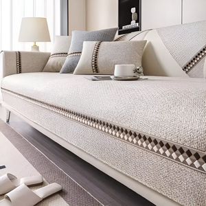 E-Shop4u® - Katoenen & Linnen Bankhoes - Bank Beschermhoes - Universeel & Antislip - Bankhoezen - Sofacover - Machinewasbaar - Bank Bekleding - Voor Alle Seizoenen - sofa cover - kussenhoes - 70x180cm E- Beige Yellow