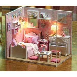 3D Pink House Puzzel met led-verlichting en stofkap voor Volwassenen, Houten Modelbouwset, Cadeau voor Verjaardag Kerstmis