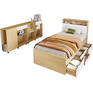 Merax Complete Slaapkamerset - Eenpersoonsbed en Twee Kasten op Wielen - Set voor Slaapkamer - Wit met Natuurlijk Eiken
