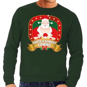Foute kersttrui / sweater voor heren Santa Is Almost Coming - groen - Kerstman met dame XL