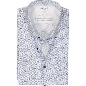OLYMP 24/7 modern fit overhemd - korte mouw - dynamic flex - blauw met wit bloemen dessin - Strijkvriendelijk - Boordmaat: 43