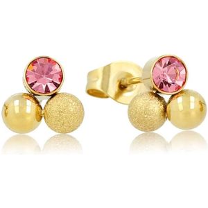 *Oorknopjes goudkleurig met roze zirkonia 8mm - Goudkleurige drievormige oorstekers met roze zirkonia - Met luxe cadeauverpakking