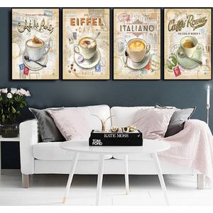 SET van 4 st. Canvas * Internationale Koffie - Café * - Kunst aan je Muur - Kleur - SET 4x 40 x 60 cm