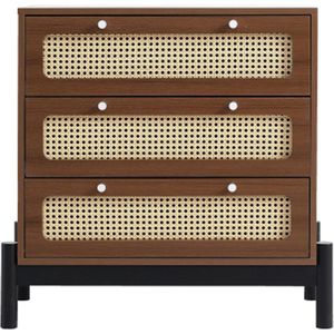 Sweiko klassieke ladekast, kast met 3 laden, met rotan ladeblad, met ronde zilver metalen knoppen en zwarte pootstellen, opbergruimte in de woon- en slaapkamer, grenen, MDF, PVC rotan