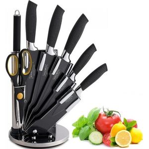 Royalty Line® BLK8W Messenset Met Blok - 8 Delig Messenblok Met Draaibaar Standaard - Scherpe Messen - Vaatwasbestendig - Incl. Messenslijper en Keukenschaar - RVS / Zwart