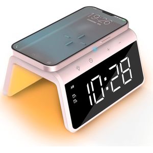 Caliber Digitale Wekker - Wekker met Draadloze Oplader - Wake Up Light - Digitale Klok - Dimbaar - Twee Alarmen - geschikt als kinderwekker - Nachtlamp - Kleur Roze (HCG019QI-PI)