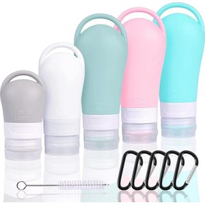Silicone Travel Bottle Set, Leak-Proof Travel Container, 5 Pieces, Travel Toiletries Set with Carabiner, Cleaning Brush, Reusable Portable Container for Shampoo, Lotion, Shower Gel