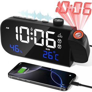 TM&DY - Digitale Wekkerradio met Projectie - Met Spraakbesturing, FM, Temperatuur & Luchtvochtigheid – Dimbaar LED Display & Dubbele Alarmfunctie - Wekkers Digitaal - Wekker met Projectie op Plafond - Projectiewekker - Projectieklok