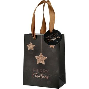 Mini Cadeauzakje Merry Christmas, zwart, ster - Mini geschenkzakjes - Hoogte 18 cm - breed 15 cm - 6 stuks