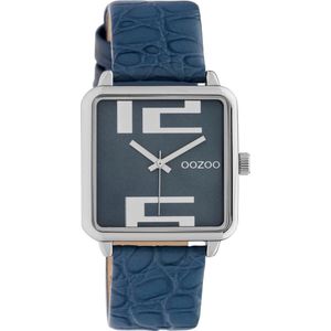 OOZOO Timepieces - zilverkleurige horloge met donker blauwe leren band - C10366 - Ø30