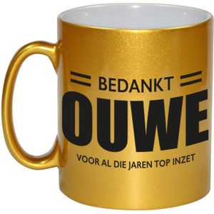 Bedankt ouwe voor al die jaren top inzet koffiemok / theebeker - 330 ml - goudkleurig - VUT / pensioen - afscheidscadeau mok / beker voor collega