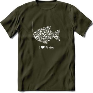 I Love Fishing - Vissen T-Shirt | Wit | Grappig Verjaardag Vis Hobby Cadeau Shirt | Dames - Heren - Unisex | Tshirt Hengelsport Kleding Kado - Leger Groen - XXL