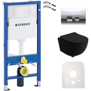 Inbouwreservoir Complete Toiletset Geberit Duofix Basic - Inbouw WC Hangtoilet Wandcloset BRAVA BLACK Zwart Mat - Bedieningsplaat DELTA Chroom Vierkant - Voorwandelement - Installatiesysteem