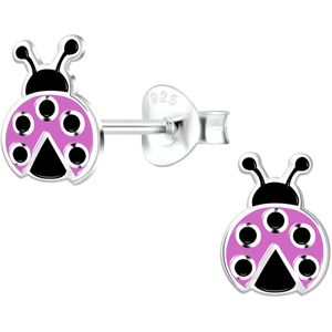Joy|S - Zilveren lieveheersbeestje oorbellen - 6 x 8 mm - paars / lila