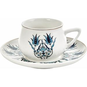 KARACA - Iznik - Koffieset - Koffieservies voor 6 personen, 90 ml, 6 espressokopjes en 6 schoteltjes, robuuste mok, traditionele Turkse koffiekopjes, cappuccino koffieset, porselein presentatie