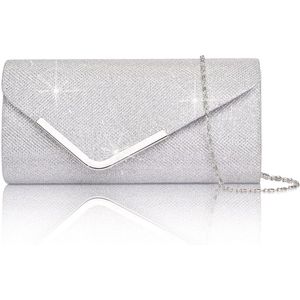 Fuleadture Dames Zilveren Glitter Avondtas Envelop Clutch, Ketting Afneembaar