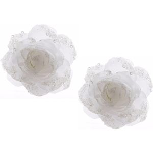 4x stuks kerstboom decoratie rozen bloemen winter wit 14 cm - Kerstversiering/kerstboomversiering