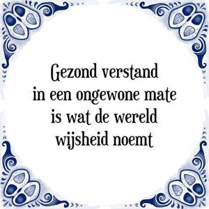 Tegeltje met Spreuk (Tegeltjeswijsheid): Gezond verstand in een ongewone mate is wat de wereld wijsheid noemt + Kado verpakking & Plakhanger