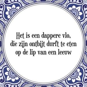 Tegeltje met Spreuk (Tegeltjeswijsheid): Het is een dappere vlo, die zijn ontbijt durft te eten op de lip van een leeuw + Kado verpakking & Plakhanger