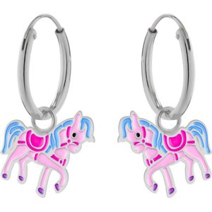 Oorbellen meisje zilver | Zilveren oorringen, roze paard met blauwe manen
