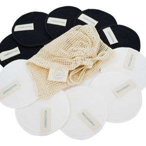 CAIRCOTTON 10 Cotton Cleansing Pads Reusable + Bag - Makeup Remover Combi Set 5 White + 5 Black Pads - Make-up Remover - Skin Cleansing Pads - Washable - Zachte Wattenschijfjes Herbruikbaar Katoen - Inclusief Waszakje Wasmachine - Cotton Cleansing