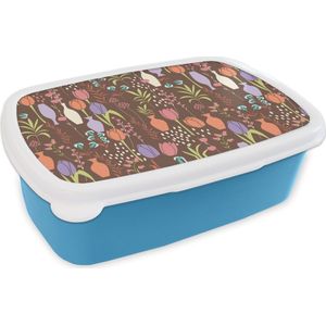 Broodtrommel Blauw - Lunchbox - Brooddoos - Bloemen - Vaas - Patronen - 18x12x6 cm - Kinderen - Jongen