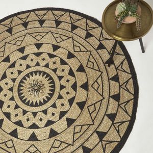 Homescapes rond vloerkleed Mandala 150 cm - gevlochten jute vloerkleed, zwart-naturel