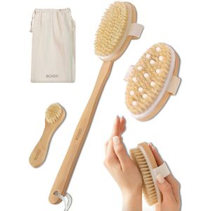 Boxed Lichaamsborstel Set - Rugborstel - Badborstel met Lange Steel - Dry Brushing - Droogborstel met Natuurlijke Haren - Doucheborstel - Huidverbetering