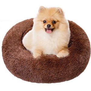 Hondenbed, huisdierbed, rond, pluche, kattenbed, hondenhuisje, puppykussen, draagbare warme, zachte comfortabele hondenbank, donut-vorm, kleine hondenbed, zacht, kat, slaapbed, 70 cm, bruin