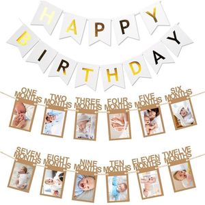 2-delige slinger set Milestone natural en Happy Birthday wit met goud - milestone - verjaardag - cakesmash - slinger