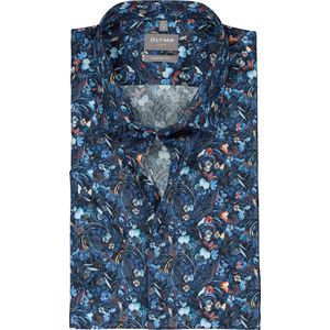 OLYMP comfort fit overhemd - korte mouw - popeline - donkerblauw bloemen dessin - Strijkvrij - Boordmaat: 43