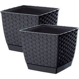 Prosperplast Plantenpot/bloempot - Set van 4x stuks - rotan kunststof - 22 x 19 cm - antraciet