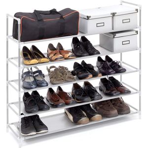 Schoenenrek steeksysteem, 5 niveaus, schoenenrek f. 20 paar schoenen, metaal en stof, HBT 90,5 x 87 x 29,5 cm, wit