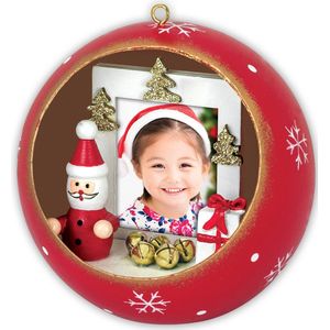 HAES DECO - Foto Kerstbal XL voor pasfoto 3,5 x 4,5 cm - Kerstbal Rood met Kerstman - Rond 10 cm - Kerstdecoratie voor Binnen - LS445HS