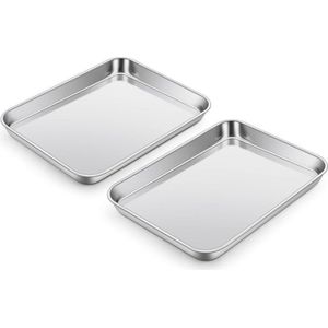 Bakplaat, 2 stuks, roestvrij staal, kleine ovenplaat, taartplaatset, rechthoekige vetpan, oven voor bakken/braden/serveren, gezond en niet giftig, vaatwasmachinebestendig, 23,7 x 17,8 x 2,5 cm