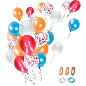 Partizzle 50x Nederland Gekleurde Confetti Helium & Latex Ballonnen - Koningsdag - WK / EK Voetbal | Carnaval - Holland Feestartikelen Versiering - Oranje Rood Wit Blauw