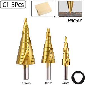 Stappenboor set 3-delig – 3 stuks HSS-Co Stappenboor set – 3 snijkant – Met titanium coating – Getrapte boor set – Trapboor stappenboren – Kegelboor – Trapgatboor