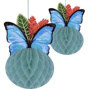 Cool 2 Party - Honeycombs - tropisch - vlinder - bloemen - bladeren - exotisch - groen - rood - blauw - 1x 30 cm 1x 20 cm - decoratiewaaier - papieren waaier - versiering - feest - BBQ - zomer - incl. paperclips