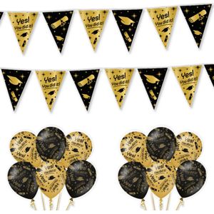 Geslaagd Versiering Yes You Did It Classy Black-Gold Feestpakket - Geslaagd Decoratie - Ballonnen En Slingers Zwart Goud