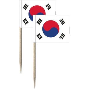 150x Cocktailprikkers Zuid-korea 8 cm vlaggetje landen decoratie - Houten spiesjes met papieren vlaggetje - Wegwerp prikkertjes