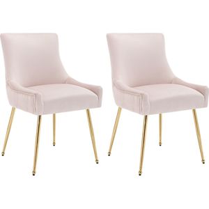 Merax 2-delige Set Eetkamerstoelen met Verticaal Strepenpatroon - Velvet Gestoffeerde Lounge Stoelen met Metalen Handgreep - Roze met Gouden Poten