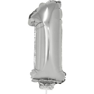 Zilveren opblaas cijfer ballon 1 op stokje 41 cm - Leeftijd feestartikelen/versiering verjaardag 1 jaar