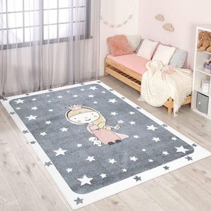 Vloerkleed kinderkamer prinses - grijs, roze - 120x160 cm - kindertapijt laagpolig met sterren, toverfee - zachte pool