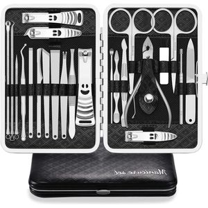 Manicure Set 23 Pcs Stainless Steel Grooming Tools with Black PU Leather Cover for Travel or Home (Black Silver)