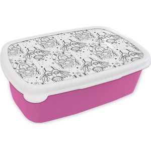 Broodtrommel Roze - Lunchbox - Brooddoos - Inca - Maskers - Patroon - Zwart-wit - 18x12x6 cm - Kinderen - Meisje