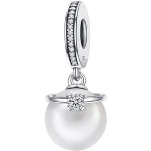 Parel ring Zirkonia dangle bedel | Pearl bead | bedels beads cadeau | Zilverana | geschikt voor alle bekende merken | 925 zilver | moederdag