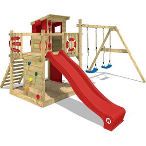 WICKEY speeltoestel klimtoestel Smart Camp met schommel & rode glijbaan, outdoor klimtoren voor kinderen met zandbak, ladder & speelaccessoires voor de tuin